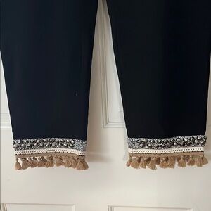 Chico's Black Cropped Pants with Tan Tassel Trim